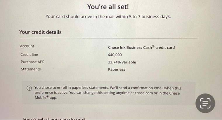 Client business credit card approval confirmation