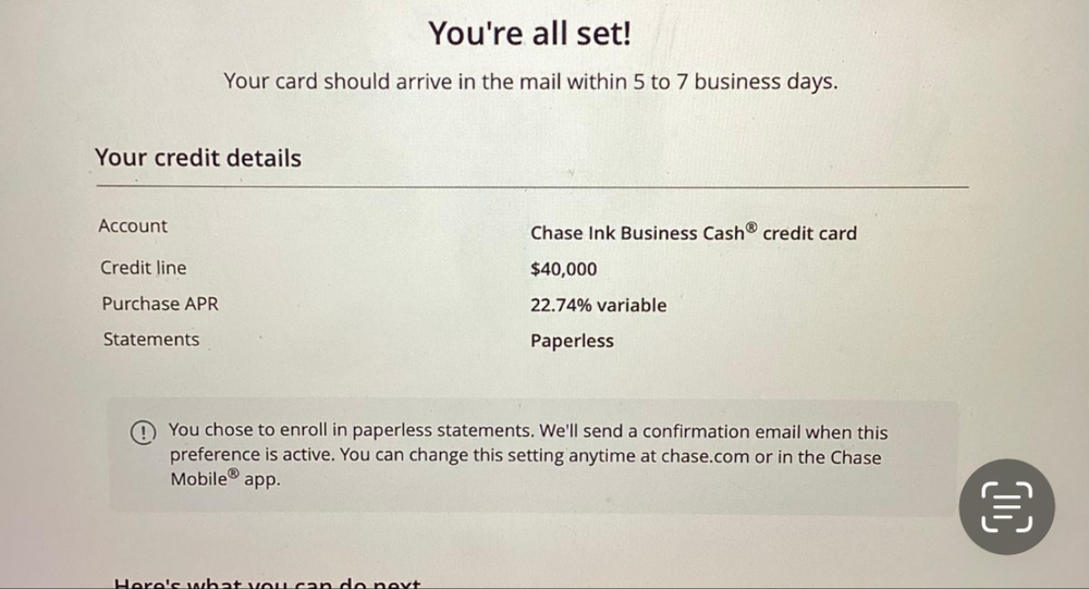 Client business credit card approval confirmation